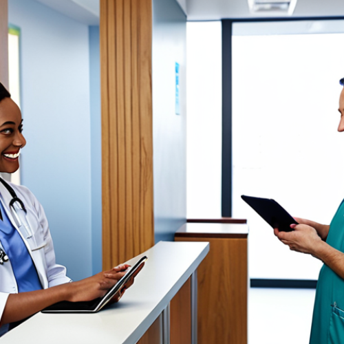Home 16 **Digital Patient Journey:** A serene, modern hospital reception area with natural light. A diverse patient, appearing relaxed and calm, is engaging with a sleek digital tablet for check-in. In the background, a friendly hospital staff member is smiling. Emphasize seamless digital integration and a welcoming atmosphere, showcasing the smooth first encounter in modern healthcare.