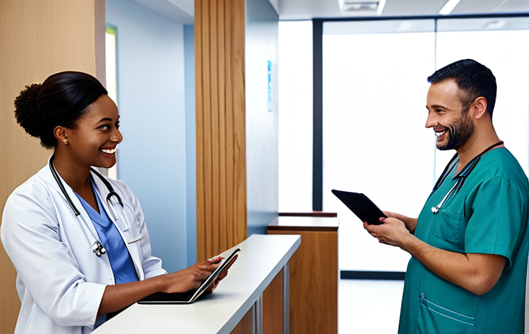 **Digital Patient Journey:** A serene, modern hospital reception area with natural light. A diverse patient, appearing relaxed and calm, is engaging with a sleek digital tablet for check-in. In the background, a friendly hospital staff member is smiling. Emphasize seamless digital integration and a welcoming atmosphere, showcasing the smooth first encounter in modern healthcare.