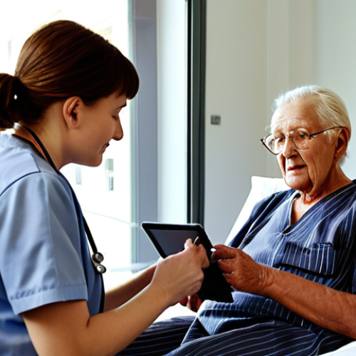 Home 15 **
Prompt: A busy hospital ward in Germany. A friendly nurse, wearing traditional German scrubs, is assisting an elderly patient with his medication while reviewing his electronic patient record on a tablet. Soft, natural lighting, conveying a sense of compassionate care and efficient use of technology. Focus on the human connection amidst the modern hospital setting.
**