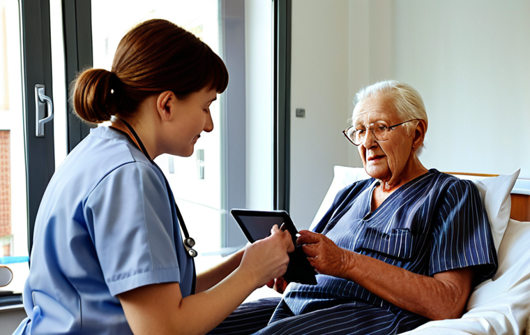 **
Prompt: A busy hospital ward in Germany. A friendly nurse, wearing traditional German scrubs, is assisting an elderly patient with his medication while reviewing his electronic patient record on a tablet. Soft, natural lighting, conveying a sense of compassionate care and efficient use of technology. Focus on the human connection amidst the modern hospital setting.
**