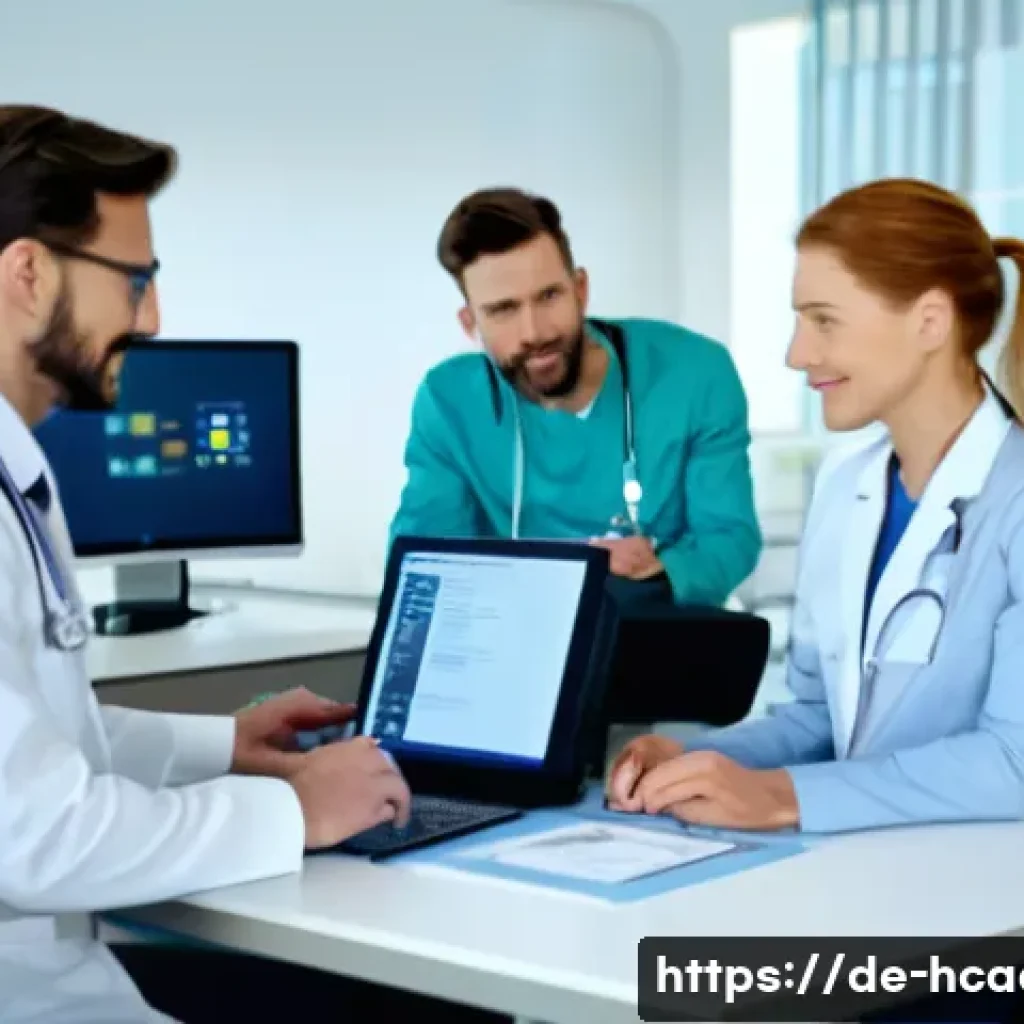 보건의료행정사로 커리어 전환하기 - A modern healthcare administration office scene in Germany, featuring a diverse group of professiona...