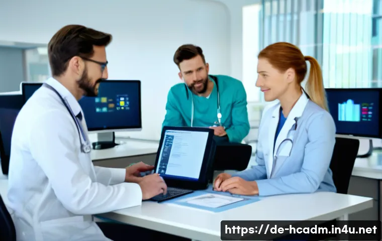 보건의료행정사로 커리어 전환하기 - A modern healthcare administration office scene in Germany, featuring a diverse group of professiona...