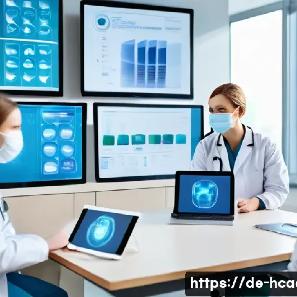 보건의료행정사와 병원 내 커뮤니케이션 - A modern hospital staff meeting room with diverse medical professionals including doctors, nurses, a...