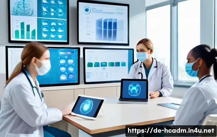 보건의료행정사와 병원 내 커뮤니케이션 - A modern hospital staff meeting room with diverse medical professionals including doctors, nurses, a...