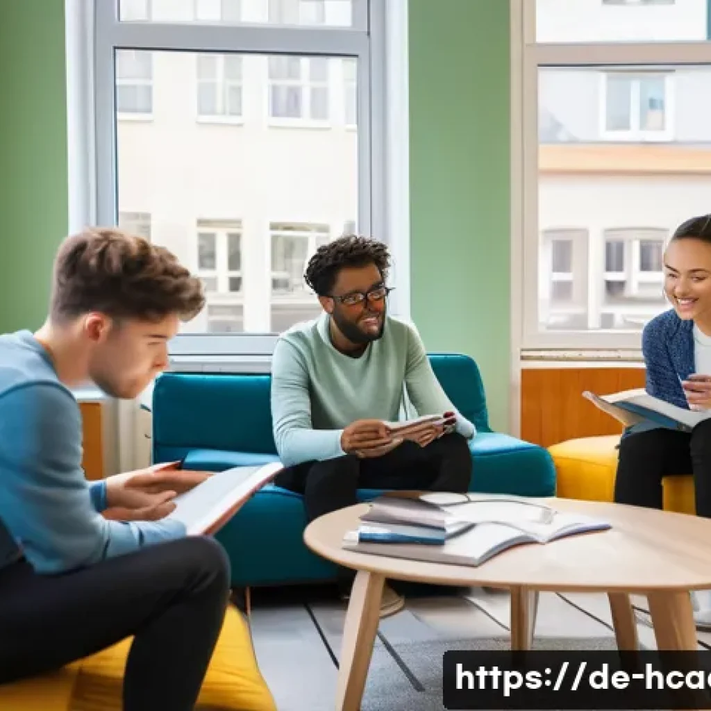 보건의료행정사 합격생 스터디 비법 - A group of diverse young adults studying together in a cozy, modern German living room, surrounded b...