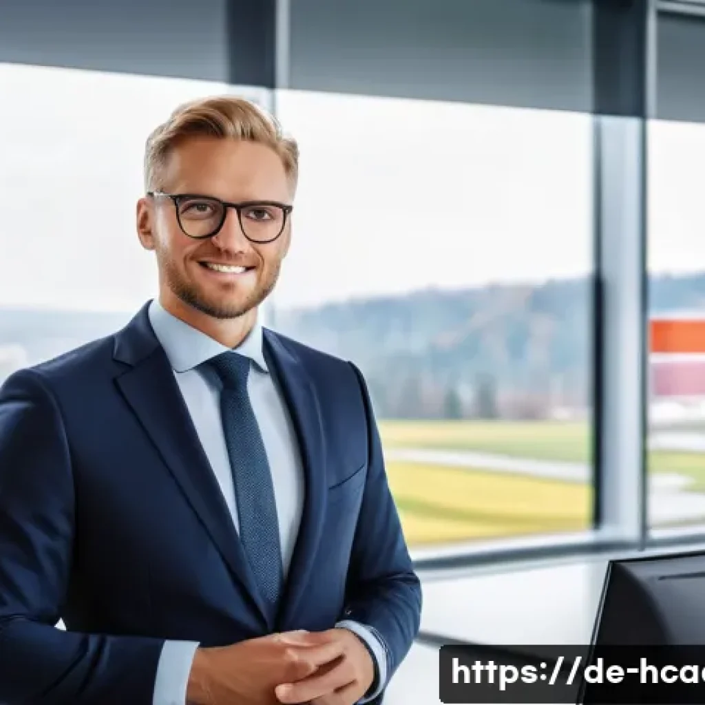 보건의료행정사의 연봉 협상 팁 - A confident German healthcare administration professional in a modern office setting, dressed in sma...