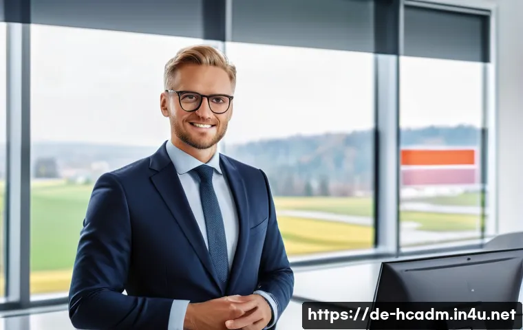 보건의료행정사의 연봉 협상 팁 - A confident German healthcare administration professional in a modern office setting, dressed in sma...