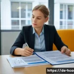 보건의료행정사 연봉 협상 시 유의할 점 - A professional German healthcare worker confidently negotiating salary in a modern hospital office, ...