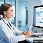 보건의료행정사와 업무 자동화 툴 - A modern German medical office scene showing a diverse group of healthcare professionals efficiently...