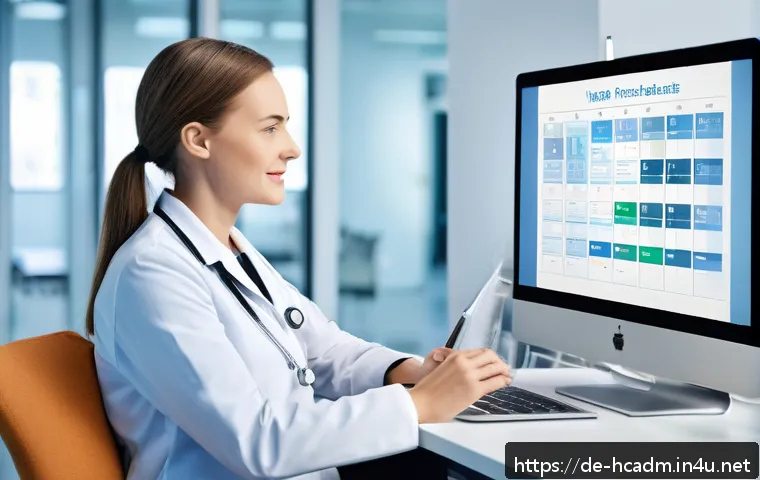 보건의료행정사와 업무 자동화 툴 - A modern German medical office scene showing a diverse group of healthcare professionals efficiently...