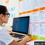 보건의료행정사 국가시험 후기 공유 - A modern study room with a young adult German student sitting at a desk, surrounded by organized sta...